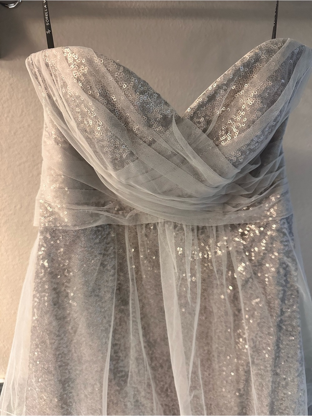 Strapless Silver Sequin Tulle Evening Gown